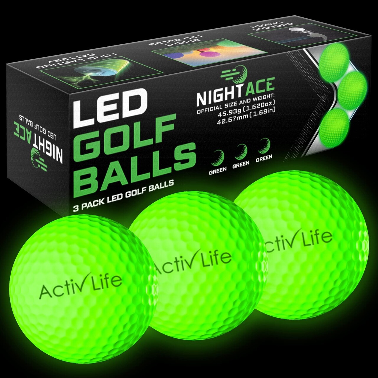 LED Golf Balls (3 Green) Best Glow in the Dark Golfer Gifts for Men and Women Night Golfing Unique Novelty Cool Birthday Dad Presents Light Up Fun Stuff Trick Gadgets
